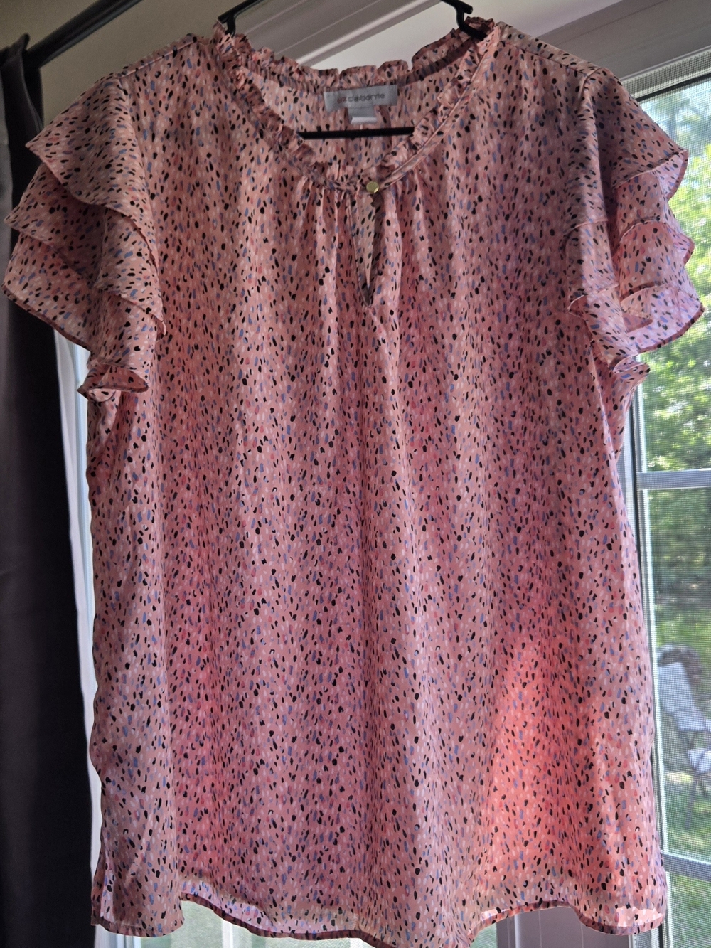 Liz Claiborne Multi-Colored Speckled Pink Printed Ruffle Sleeve Blouse